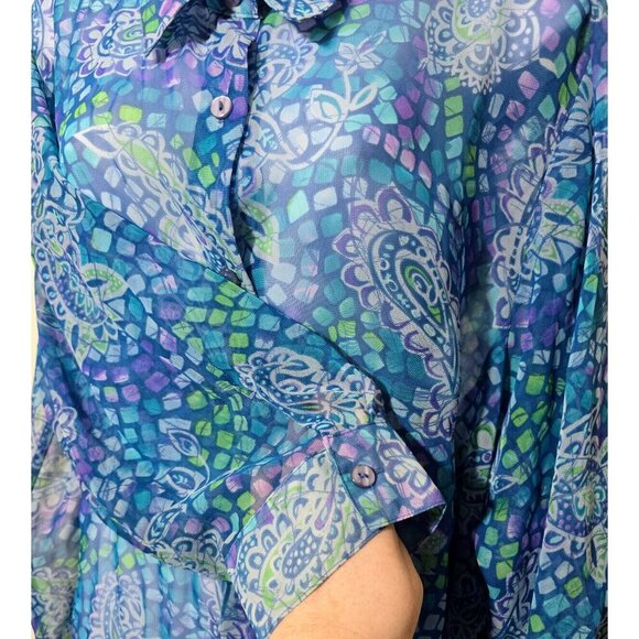 Bon Worth Blouse Womens XL Sheer Paisley Blue Button Up Collar 3/4 Sleeve Boho - Picture 9 of 9